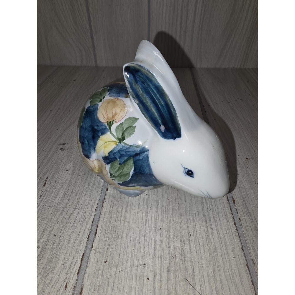 Vtg Porcelain Bunny Rabbit Hand Paited Pink/Yellow Flowers Thailand Heritage